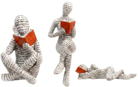 FIQLUL 3er Set Lesende Frau Skulptur Deko - Moderne Abstrakte Skulpturen für Bücherregal & Wohnzimmer, Weißes Alphabet Design, Harz Dekofiguren, Ideale Geschenke für Leseratten und Buchliebhaber