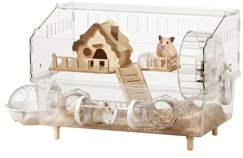 Hamsterbur, hamsterbur i panorama, akryl och trähölje med tysta tillbehör, transparent, 100 x 50 x 50 cm