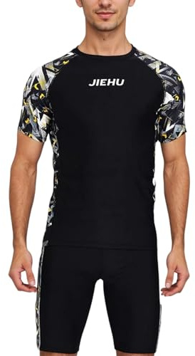 Conjunto Bañador y Camiseta Hombre Deportivo Traje de Baño Hombre 2 Piezas Ajustado Dos Piezas Talla Grande Surf Ropa de Baño Manga Corta Natacion Swimwear para Playa Piscina (XL, Amarillo)
