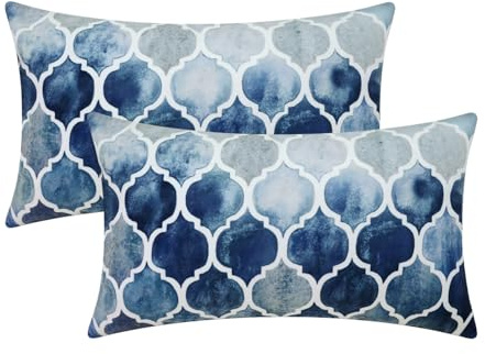 CaliTime Cushion Covers Cushion Cover Pack of 2 Cosy Bolster Cushion Covers for Couch Bed Sofa Hand Painted Colourful Geometric Grid Chain Print 30 cm x 50 cm Main Grey Navy Blue