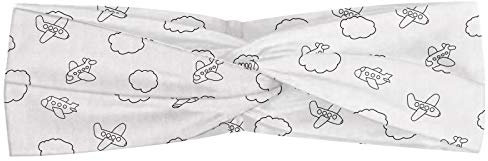 ABAKUHAUS Airplane Headband, Childish Boys Pattern with Little Aeroplanes and Puffy Clouds in Doodle Style, Elastic and Soft Women's Bandana for Sports and Everyday Use, Black White