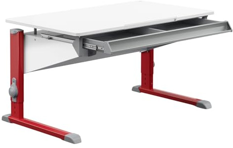 Moll Bandit Kinderschreibtisch höhenverstellbar | mitwachsend, ergonomisch & neigbar für aufrechtes Sitzen | ideal für Schulkinder | Schreibtisch weiß (mit Schublade, Rot, 117,2cm x 70,5cm)