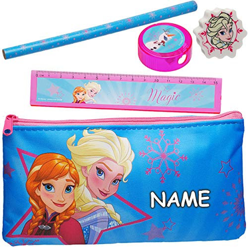 alles-meine.de GmbH 2 * 5 TLG. Schreibset die Eiskönigin - Frozen - inkl. Name Bleistift + Lineal + Radiergummi + Spitzer + Stiftemappe - Federmappe/Kinder - Set für die Sc..