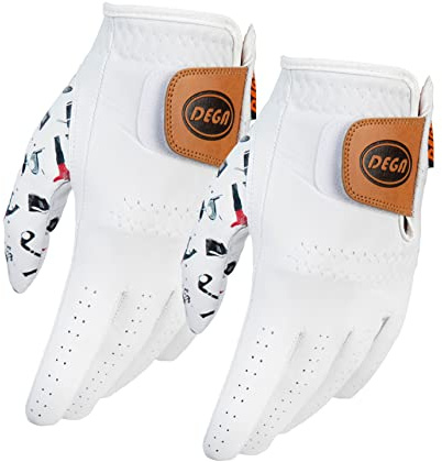 DEGA Herren-Golfhandschuhe, weiches Cabretta-Leder, Abnutzungsspuren an der linken Hand, Charismatischer Daumen, Aufdruck(L, Golf Iconic)
