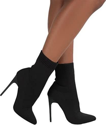 ORANDESIGNE Damen Gestrickte Kurze Stiefel Mode Spitzer Zehenpartie Einfarbig Gestrickte Stiefel mit Hohem Absatz Elegant Stiefel Atmungsaktiv Schlupfstiefel A Schwarz 40 EU