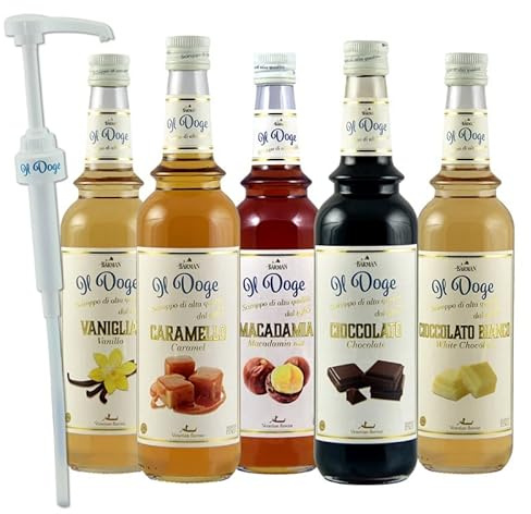 Il Doge Kaffee Sirup Set 5 x 0,7 Liter incl. Dosierpumpe Alkoholfrei/Glutenfrei/Halal