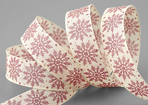 finemark 20 m x 25 mm Dekoband ADAM Creme Altrosa Rosa Schneeflocken Geschenkband mit Drahtkanten Schleifenband Deko Glanz glänzendes Band Weihnachten Snowflakes basteln Draht Glitzer Winter