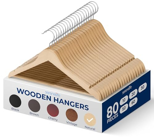 SereneLifeHome Solid Wooden Hangers, Mega Pack, 80 Pieces Hangers for Clothes, Heavy Duty Suit Hanger Set with Chrome 360 Degree Swivel Hook, Notched Design, Natural Wood Color