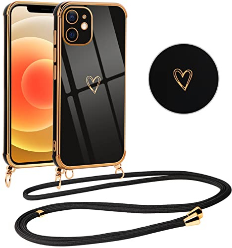 Vauki handyband für iPhone 12 Hülle mit Band, Handyhülle mit Kette, Herz Motiv, Ultra Dünn Stoßfeste Aesthetic Case mit Kordel zum Umhängen für Apple iPhone 12 6.1, Schwarz