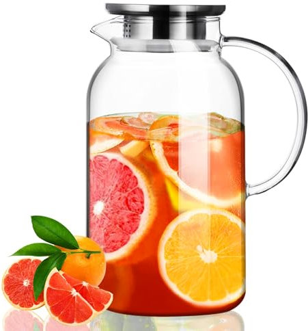 PARACITY Jarra de Vidrio con Tapa 1.8L, Jarra de Vidrio Fría y Caliente con Asa, Jarra de Tetera Helada para Café, Jugo, Limonada y Leche
