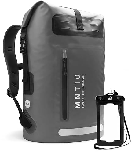 MNT10 Wasserdichter Rucksack mit vertikaler Vordertasche 35L & 55L | Rückseite mit EVA-Polsterung | Innenfach mit Reißverschlusstasche und Schlüsselhalter | inklusive Handyhülle (Grey, 55L)