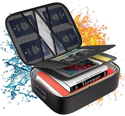 Tamfile 5200℉ Feuerfeste Dokumentenbox, 36x27x10,5cm Großem Fassungsvermögen Wasserabweisend Dokumententasche mit Schloss, für Reisepässe, Zertifikate, Rechtsakten und Wertsachen, Schwarz