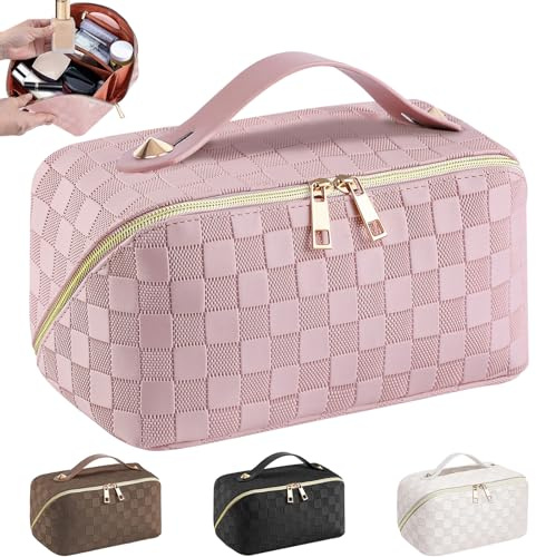 Neceser Maquillaje,Grande Neceser Viaje Mujer de PU Neceser Cuero,Makeup Bag,XXL Organizador Bolsa de Aseo para Maquillaje Necessaire Viajes Accesorios de Mujer(Enrejado-Rosa)