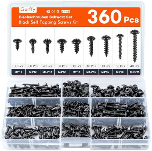 Gorffy Wood Screws 360PCS Assortment, Countersunk Self Tapping Screws | Black Screws M3/M3.5/M4, Multi Use, Cross Recessed Screws for Woods,for DIY Furniture and Repairs