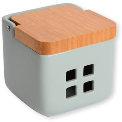 KOOK TIME Knoblauch Dose - Keramik mit deckel aus Bambusholz - Knoblauch Aufbewahrung mit belüftungslöchern für optimale konservierung - Knoblauch Topf 11,5 x 11,5 x 11,5 cm (Salbeigrün)