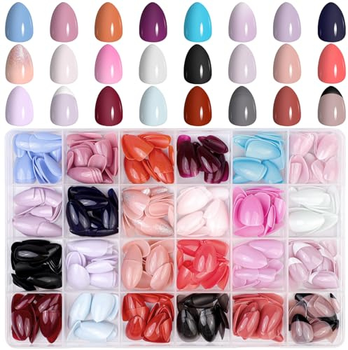 JUSTOTRY 24 Packs (576 Pcs) Mandel Nägel Zum Aufkleben Kurz,French und Einfarbig Press on Nails Set,Glossy Kunstnägel Fake Nails Short,Oval Fingernägel Künstliche Nägel für Frauen