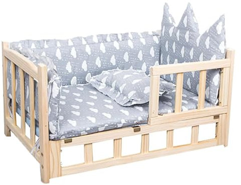 SAAKO Hundebetten Hundebettrahmen aus Holz, Hundehütte, erhöhtes, kühlendes Haustierbett mit Kopfstütze, Hundehütte mit Geländer und Treppen, erhöhtes Hundebett Robuste Struktur