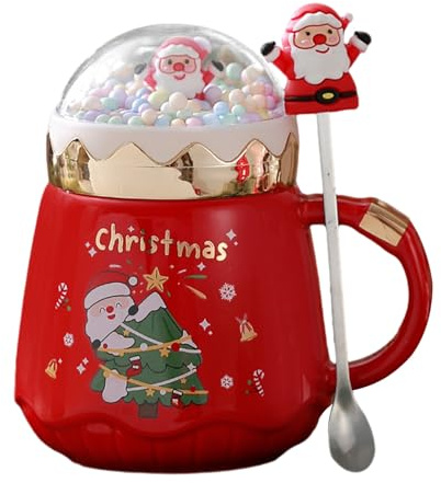 awakentti 500 ml Weihnachtstasse mit Winter-Schneekugel-Deckeldekorationen, niedliche, festliche Keramik-Kaffeetasse für Kaffee, heiße Schokolade, Eierlikör - Frohe Weihnachten, Erntedankfest