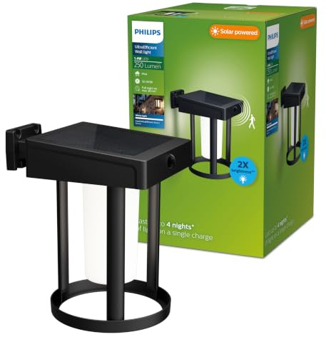 PHILIPS Lighting: Aplique pared Exterior Ultraeficiente Camill, alimentación solar, formato redondo, 1.4W, 3000K, negro, frosted, sensor movimiento, resistente intemperie IP44