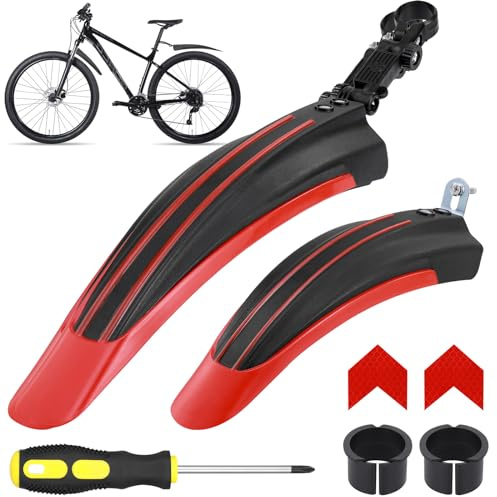 Hejo Fahrrad Schutzblech Set, Universal Schutzbleche Mountainbike mit 2 Roten Reflektoren Aufkleber Sticker, Einstellbar Vorne Hinten Mudguard Schutz für 24-29 Zoll MTB Rennrad (Schwarz ＆ Rot)