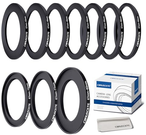 10 Stück 67mm Filterring Adapter-Set,Filter-Metall-Trittringe für alle Marken,UV ND CPL 67-43,67-46,67-49mm,67-52mm,67-55mm,67-58mm,67-62mm,67-72mm,67-77mm,67-82mm+Objektivreinigungstuch