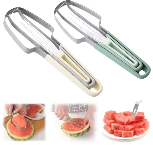 SANLIUSANJIU 2 piezas Cortadora De MelóN, Tenedor Para Cortar SandíA, Cortadora Fruta Acero Inoxidable 3 En 1, Herramienta Para Cortar SandíA En Verano, Para SandíA, Fruta Del DragóN, Etc