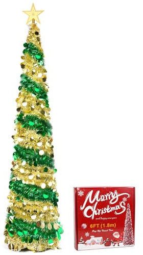 Árbol de Navidad Artificial de 180 cm, con Estrella y Soporte Estable, Lentejuelas Montaje rápido, Plegable, para casa, Chimenea, Oficina, Tienda, Hotel Decoración, Verde Árbol de Navidad