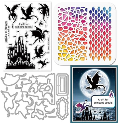 GLOBLELAND Dragon Castle Flame Clear Stamp Dragon Frame Cutting Die Dragon Scale Background PET Paint Craft Template Stencils Set for Card Making and DIY Embossing Scrapbooking Craft Decor
