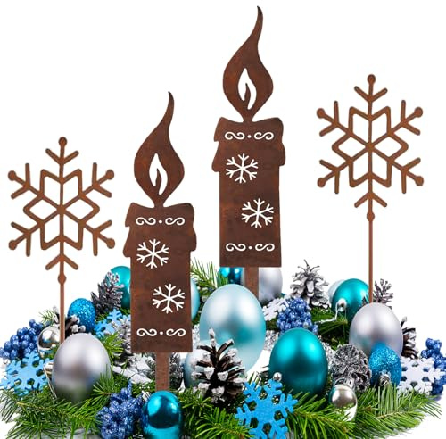 RCVEVCY 4 Stück Gartenstecker Weihnachten Kerzen,Rost Deko Weihnachten Rost Kerzen,Schneeflocken Gartendeko,Weihnachtsdeko Draußen
