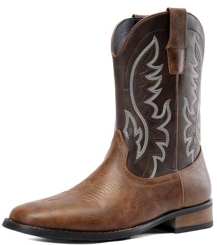 Kitulandy Cowboystiefel für Herren, Westernstiefel, modisch, Retro, stilvoll, bestickt, quadratischer Zehenbereich, klobiger Absatz