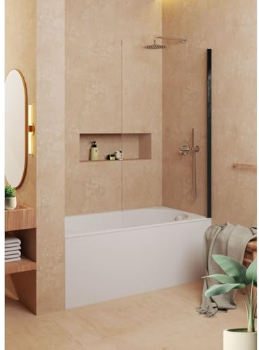 Mampara de bañera frontal panel fijo Negro - Ancho 98-100 cm - Alto 150 cm | Panel Fijo, Walk In, Incluye brazo sujeción, Vidrio transparente de seguridad 8 mm, tratamiento antical, Medida 100 cm