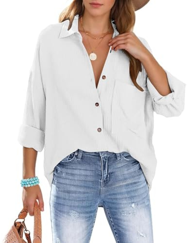 Xnova Womens Shirts Oversized Blouses Button Down, Collars Cotton Shirt Long Sleeve Tshirt with Pocket Business Casual V Neck Blouse Tops Loose Shacket Elegant for Ladies (White, M)