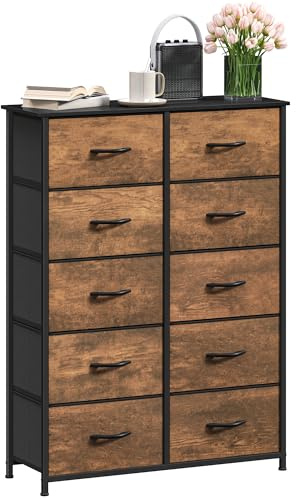 DWVO Kommode mit 10 Schubladen, Schrank aus Stoff mit Griffen, Metallgestell & MDF-Holzplatte, langlebig, für Schlafzimmer & Wohnzimmer,Rustikal Braun