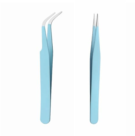 2 Pcs Stainless Steel Craft Tweezers, Precision ESD Tweezer Set, Multipurpose Straight and Curved Tip Tweezers, for Crafting, Intricate Projects, Sticker Application, Nail Art, Model Crafting(Blue)