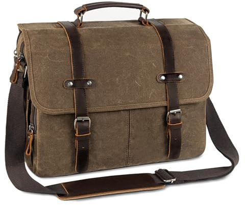 Wogarl 15.6 Inch Messenger Bag for Men: Genuine Leather Waxed Canvas Briefcase Large Computer Laptop Bag, Satchel Shoulder Handbags Crossbody Bags for Work (Coffee)