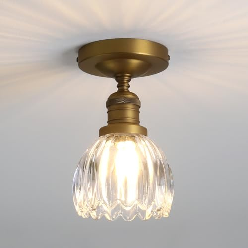 Pathson Industrie Semi-affleurant Plafonnier, Éclairage de Plafond à Abat-jour en Verre Tulipes, pour Salon, Couloir, Porche, Chambre (Laiton Antique)