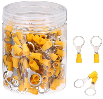 sourcing map Terminali ad anello isolati RV2-10, 150 capicorda per batteria, 16-14 AWG, terminali elettrici a crimpare, connettori per cavi industriali, elettrici, colore giallo