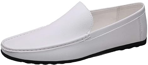 Zapatos de cuero para hombre con plantilla suave Zapatos de hombre con parte superior de cuero Mocasines cómodos Mocasines de moda Casual Zapatos transpirables Descalzos Zapatos simples, Blanco, 38 EU