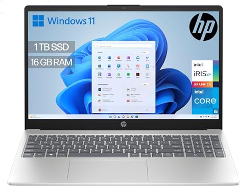HP Ordenador portátil 15.6 FHD (Intel Core i5-1334U, 16GB RAM, 1TB SSD, Intel Iris Xe Graphics, Windows 11) Plata y Azul - Teclado QWERTY Español