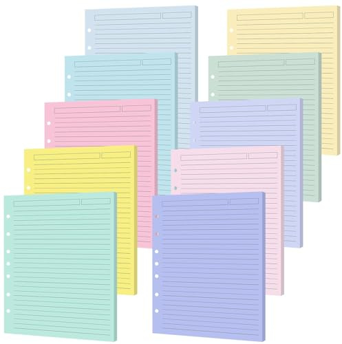 100 Sheets A5 7-Hole Lined Refill Paper Binder Inserts 5.5 x 8.5 Loose Leaf Papers 10 Colorful Line Planner for Mini 3 or 7 Ring Binders Junior Size Notebooks for Office School Business Home(Pastel)