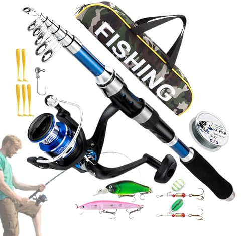 Fishing Rod and Reel | Set di canne da con rullo e esche | Spin Esca con borsa per il trasporto per pesce persico, trota pesce gatto adulto principiante