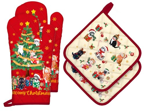 Arquiel Weihnachten Katze Ofenhandschuh und Topflappen 4er-Set Baumwolle | Baumwoll-Küchenset mit Weihnachten Katze-Motiv, hitzebeständig und praktisch zum Kochen, Backen und Grillen.