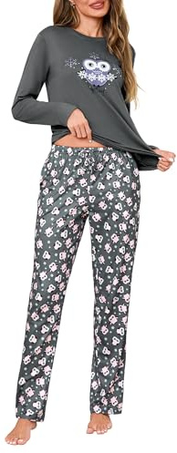 Demegimi Pijamas Mujer Invierno Impresos Pijama Mujer Algodón Conjunto con Camiseta Manga Larga y Pantalones Largos S-XXL