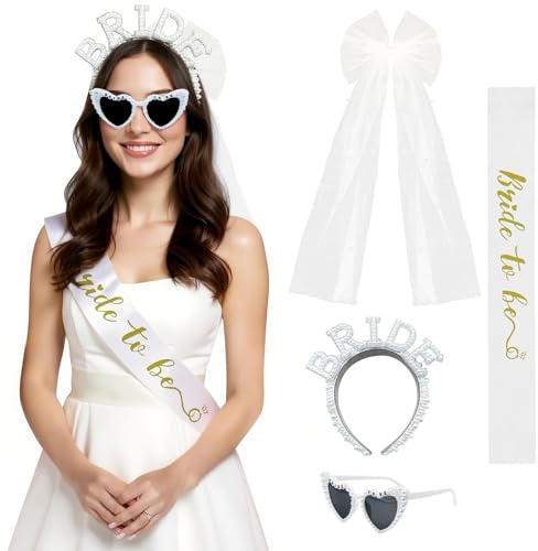 4 Stück JGA Accessoires Frauen Set – Perlen-Stirnband, Schleier mit Perlen, Bride to Be Schärpe & Herz-Sonnenbrille, Team Bride Deko für Junggesellenabschied Frauen & Bachelorette Party Accessories