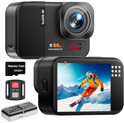 Euorosi 4K 60FPS 48MP Action Cam, 50ft Fotocamera Subacquea Con 64GB Scheda, WIFI Grandangolo 170° Fotocamera per Casco, Telecomando, 2 X 1350 mAh, Accesorios Multiples per Bicicletta Casco Sci Surf