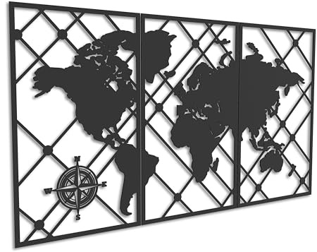 Kajaro - Set Quadri Moderni Soggiorno - Decorazioni Parete Set 3 Pezzi - Stampe da Parete - Decorazioni Camera da Letto - 1780x980 mm, Mappa del Mondo + Quadro Aggiuntivo