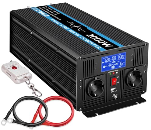 JIGUUN 2000W Inverter onda pura 12v 220V Trasformatore | caricatore 30A e circuito di priorità di rete e UPS，2 prese EU, telecomando wireless e display a LCD Potenza di picco 4000W