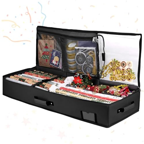 Geschenkpapier Aufbewahrung,95 * 35 * 16cm Geschenkpapier Organizer,Wasserdichtes 600D Oxford Gewebe Aufbewahrung Organizer,Aufbewahrung Geschenkpapierrollen mit 3 Fächern,Mobile Trennwand (schwarz)