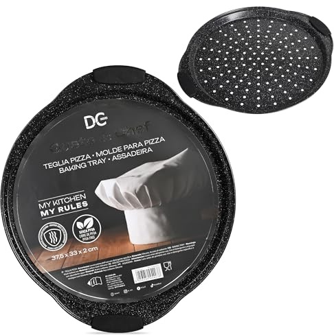Dc Casa Teglia Pizza Antiaderente in Alluminio 37,5x33x2 cm – Con Manici in Silicone Resistenti al Calore – Senza PFOA – Ideale per Forno e Cucina