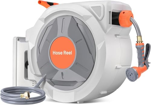Retractable Garden Hose Reel, 5/8 in x 100 Ft with 9 Function Sprayer Nozzle, Any-Length Lock, Automatic Rewind & Slow Return System, Wall Mounted Water Hose Reel with 180° Swivel Bracket for Garden